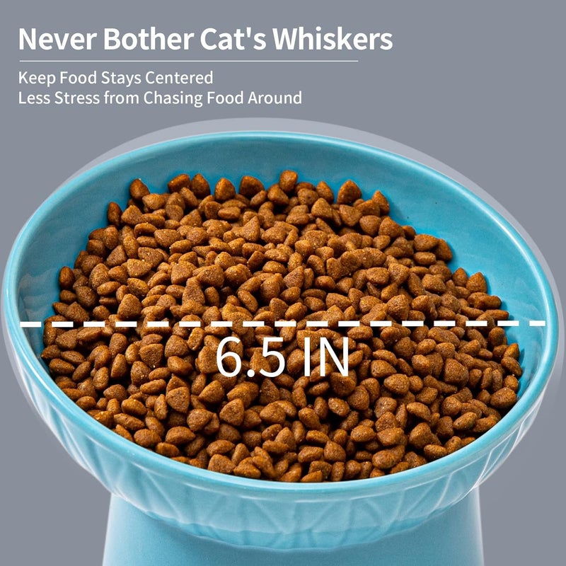OMAYKEY 6.5 Inch Extra Wide Ceramic Raised Cat Bowls, Porcelain Tilted Elevated Cat Food Water Bowl Dish, Stress Free Pet Feeder Bowls Dishes for Elder Big Cats & Small Dogs, White & Blue - Image 4